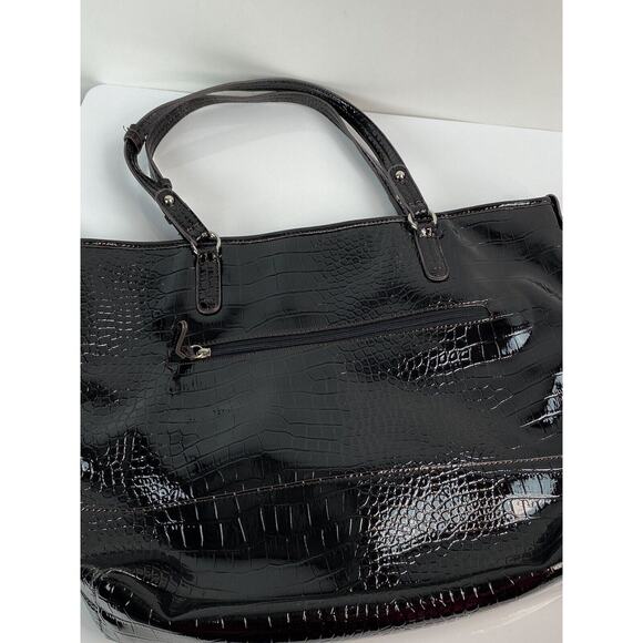 Large Black Patent Faux Leather Shoulder Bag Crocodile Purse Shopper 13x17x3 - Picture 7 of 12